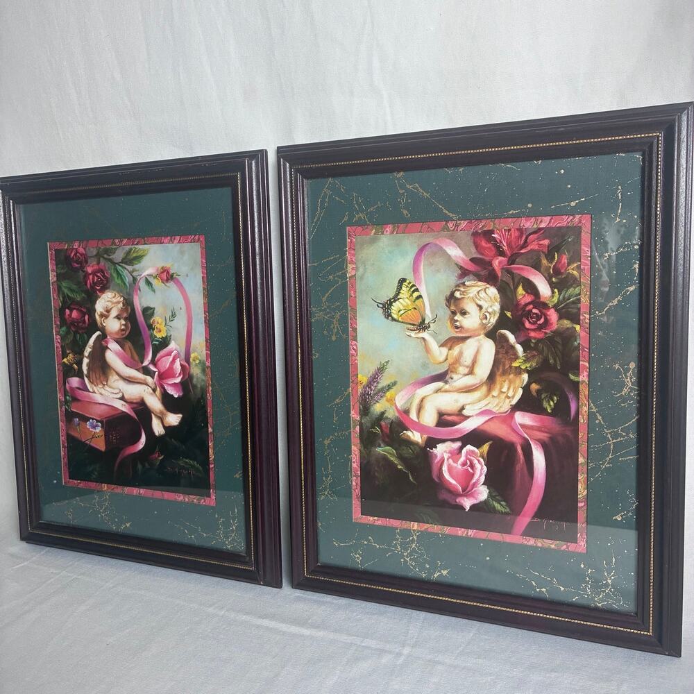 Pair Vintage Home Interiors DiGiacomo Cherub Angel Prints Gold Fleck Frames 90s
